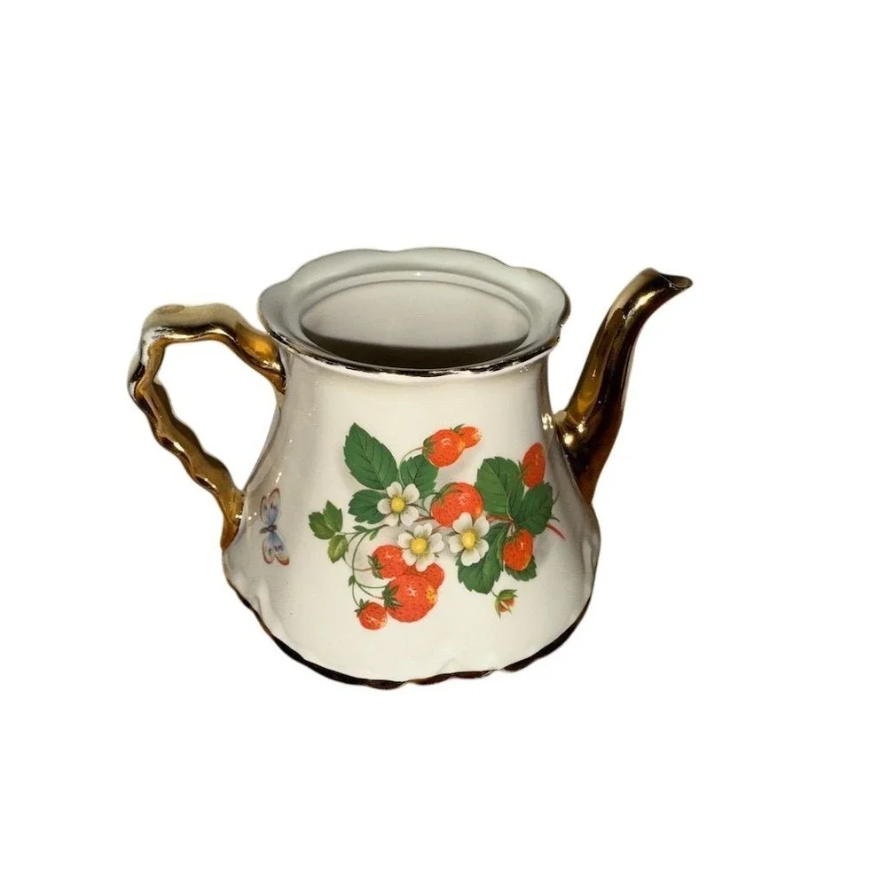 Vintage Bel-terr Strawberry Bone China Teapot‎ Multicolor 22 Kt gold trim no lid